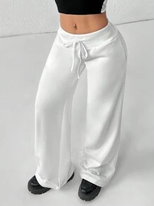 SHEIN PETITE Comfortable And Casual Plain Knitted Low-Rise Wide-Leg Women's Sweatpants