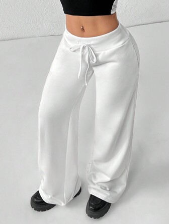 SHEIN PETITE Comfortable And Casual Plain Knitted Low-Rise Wide-Leg Women's Sweatpants