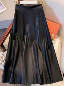 SHEIN Clasi Women's Solid Color Elegant Commute Black Midi Skirt - Black - View 7