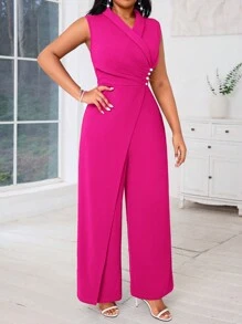 SHEIN Lady Mono sin mangas de pierna ancha azul de talla grande con cuello cruzado y decoración de perlas, conjunto de ropa para mujer para conciertos, mono de mujer para todas las estaciones