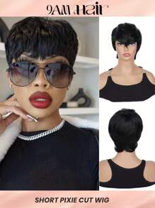 Pelucas cortas de cabello humano, peluca de corte Pixie con flequillo, peluca ondulada corta en capas de color negro - S1 - Ver 1