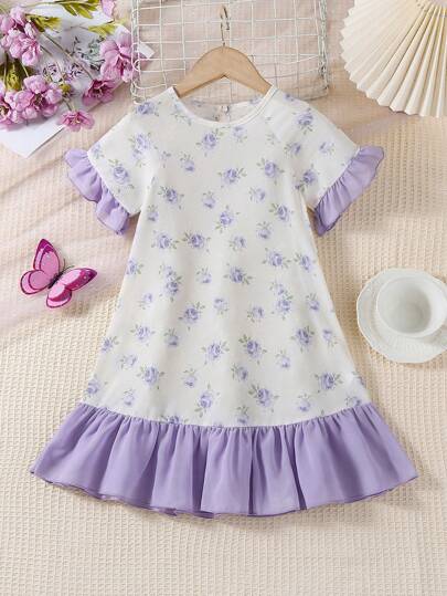 SHEIN Young Girl' Purple Floral Print Soft & Comfortable Long Sleepshirt Nightgown