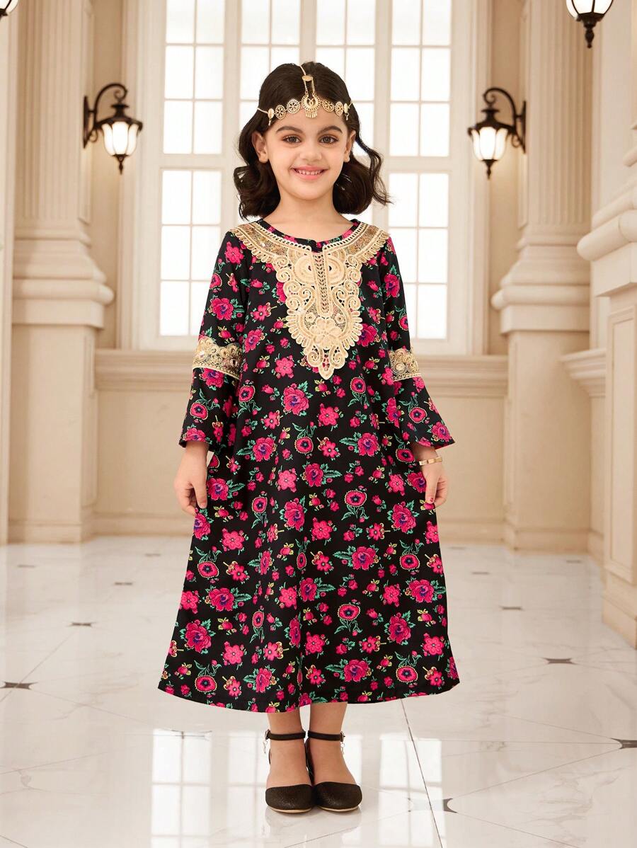 Floral Print Dress With Gold Neckline And Flared Cuffs, For Young Girls - Black - View 1