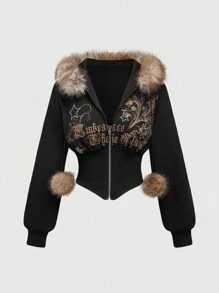 ROMWE Grunge Punk Hanocă cu guler cu imprimeu retro cu leopard Y2K Subculture, imprimeu de viță de vie reconstruit, împodobit pentru femei