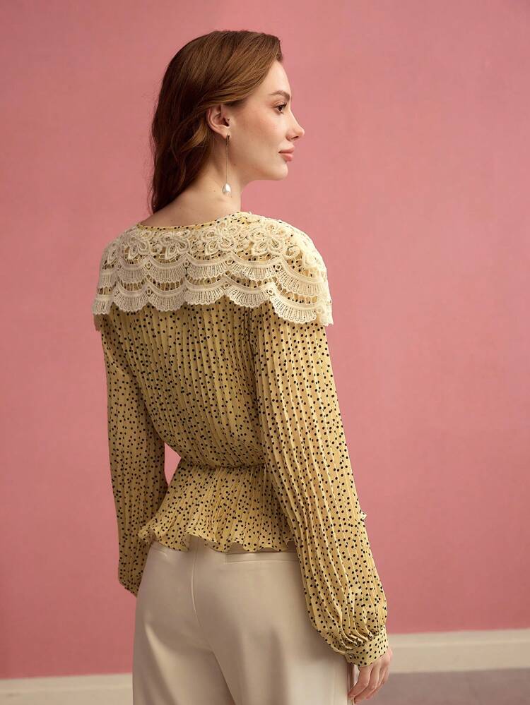 CONTRAST LACE POLKA DOT PLEATED BLOUSE,SPRING/SUMMER