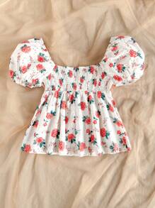 Soleia Western Wear Women, Corset Top For Women, Summer For Women, Summer Top, Vacation Women, Going Out Top Women, Concert Women, Rave Festival, Women's Romantic Floral Embroidered & Printed Puff Sleeve Ruffle Splicing Blouse With Tie Up Waist, Suitable For Vacation