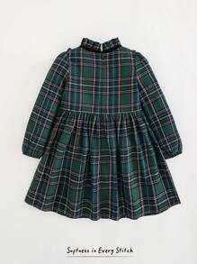 Cozy Pixies Vestido de manga larga con cintura, volantes y lazo con estampado de cuadros para niña