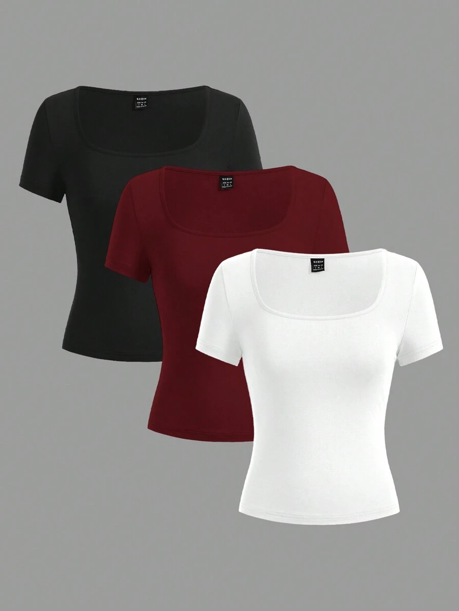 SHEIN EZwear 3pcs Women Short Sleeve Cropped Casual Fitted T-Shirts, Suitable For Summer Suitable For Going Out - Multicolor - View 1