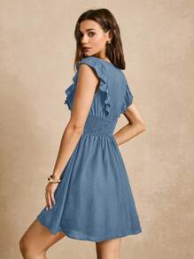 SHEIN Frenchy 女士 V 领简约时尚休闲日常连衣裙 - 霧霾藍 - 查看 5