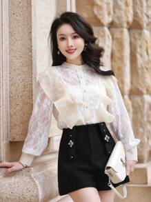 DAZY Blusa de mujer con cuello de volantes de encaje y parches, prenda de vestir de mujer de manga larga para otoño - Albaricoque - Ver 1