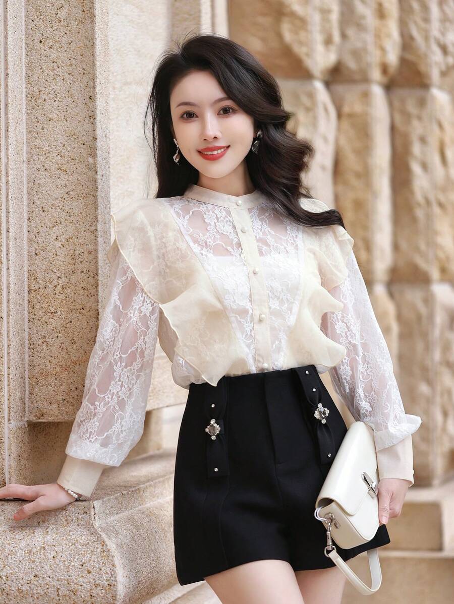 DAZY Blusa de mujer con cuello de volantes de encaje y parches, prenda de vestir de mujer de manga larga para otoño - Albaricoque - Ver 1