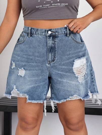 SHEIN CURVE+ Plus Size Women Casual Denim Shorts, Simple & Fashionable For Everyday Wear