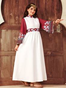 SHEIN Teen Girls' Red & White Contrast Splice Palace Floral Retro Print Flare Sleeve A-Line Long Dress - Red and White - View 5