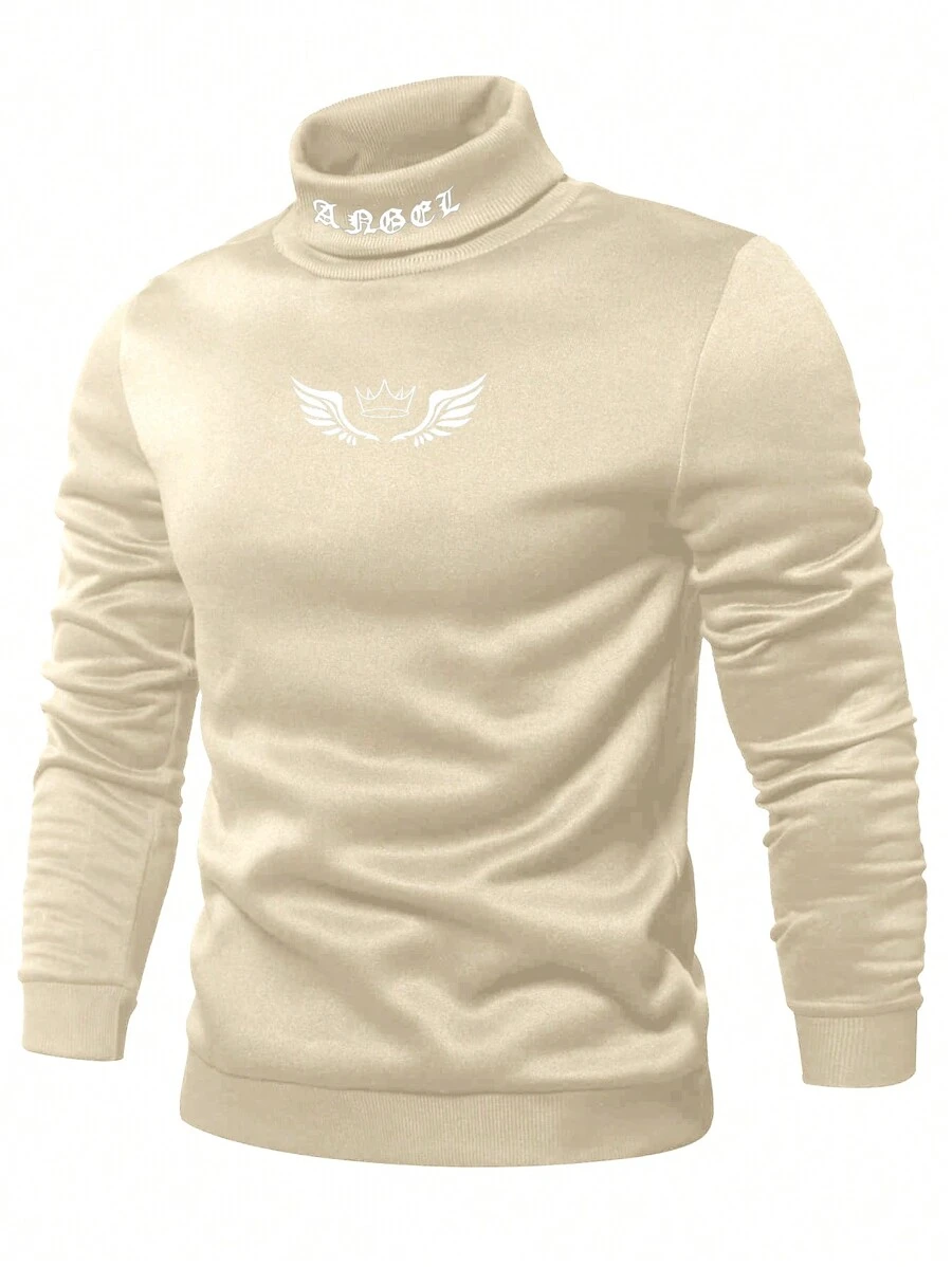 Manfinity LEGND Sudadera de cuello alto de manga larga con estampado de letras y alas para hombre, para otoño/invierno