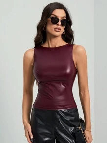 SHEIN Tall Women's High Elastic PU Gathered Burgundy Tank Top, Tank Top