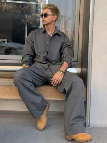 DAZY 2pcs/Set Men's Casual Solid Color Shirt And Straight Leg Pants Set Business Attire - Grey - View 1