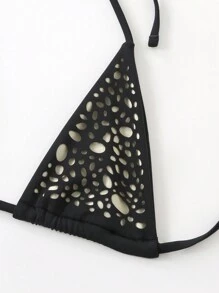 Swim SXY Summer New Women Sexy Black Hollow Out Micro Triangle Halter Neck Thong Bikini Set - Black - View 6