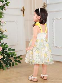 SHEIN Baby Girl Solid Color Patchwork Lace-Up Casual Dress - Yellow - View 2