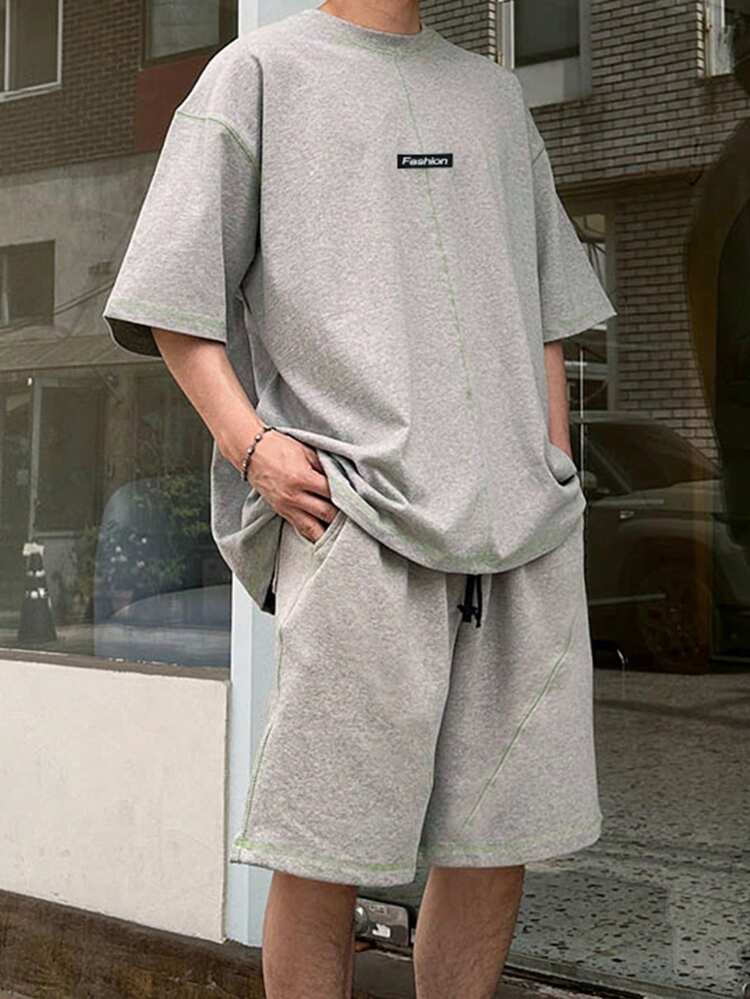 Men's Grey Graphic T-Shirt Set With Decorative Lines, Summer
