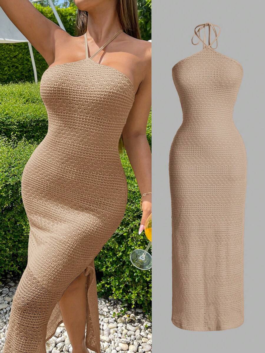 SHEIN VCAY Váy đi nghỉ thường ngày cho nữ, đơn giản và thời trang để mặc hàng ngày - Màu be - Xem 1