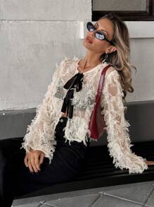 SHEIN Essnce Áo cánh chiffon rộng rãi buộc nơ tua rua cho nữ - Màu be - Xem 7