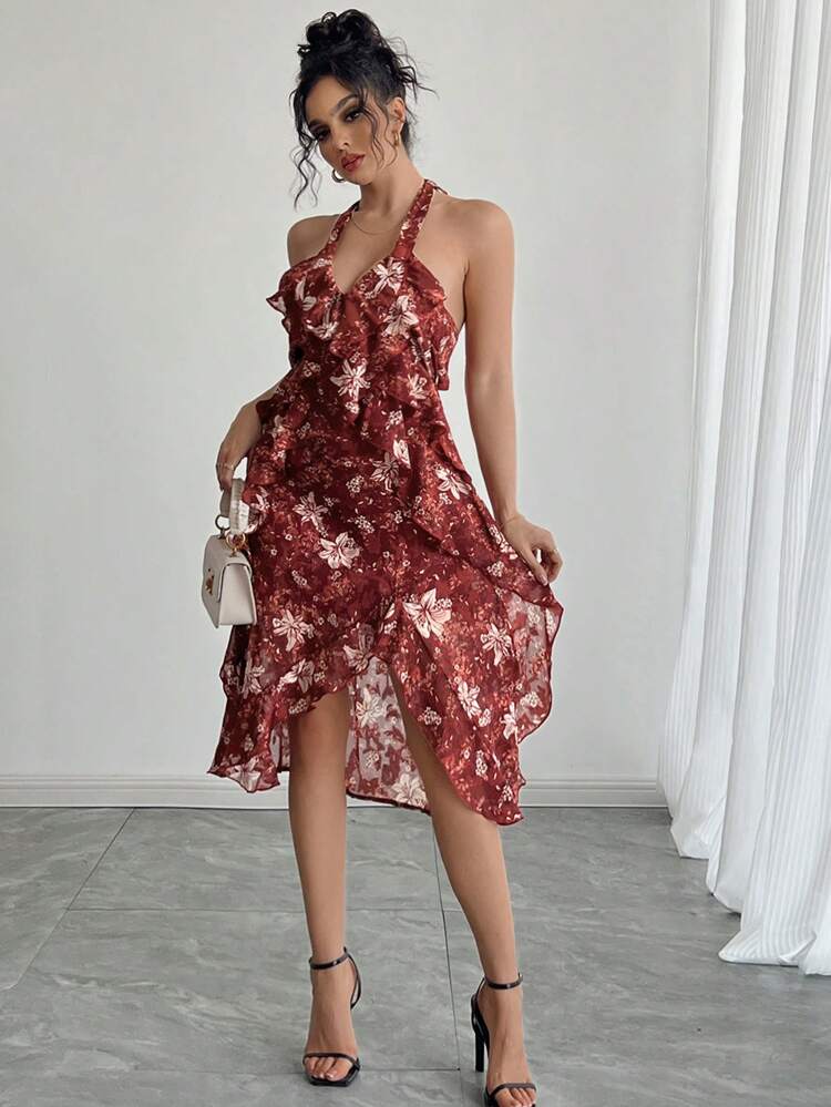 Red Ditsy Floral Print Knotted Neck Ruffle Hem Midi Dress, Summer Prom Dress Sundress Cruise Outfit For Women Boho