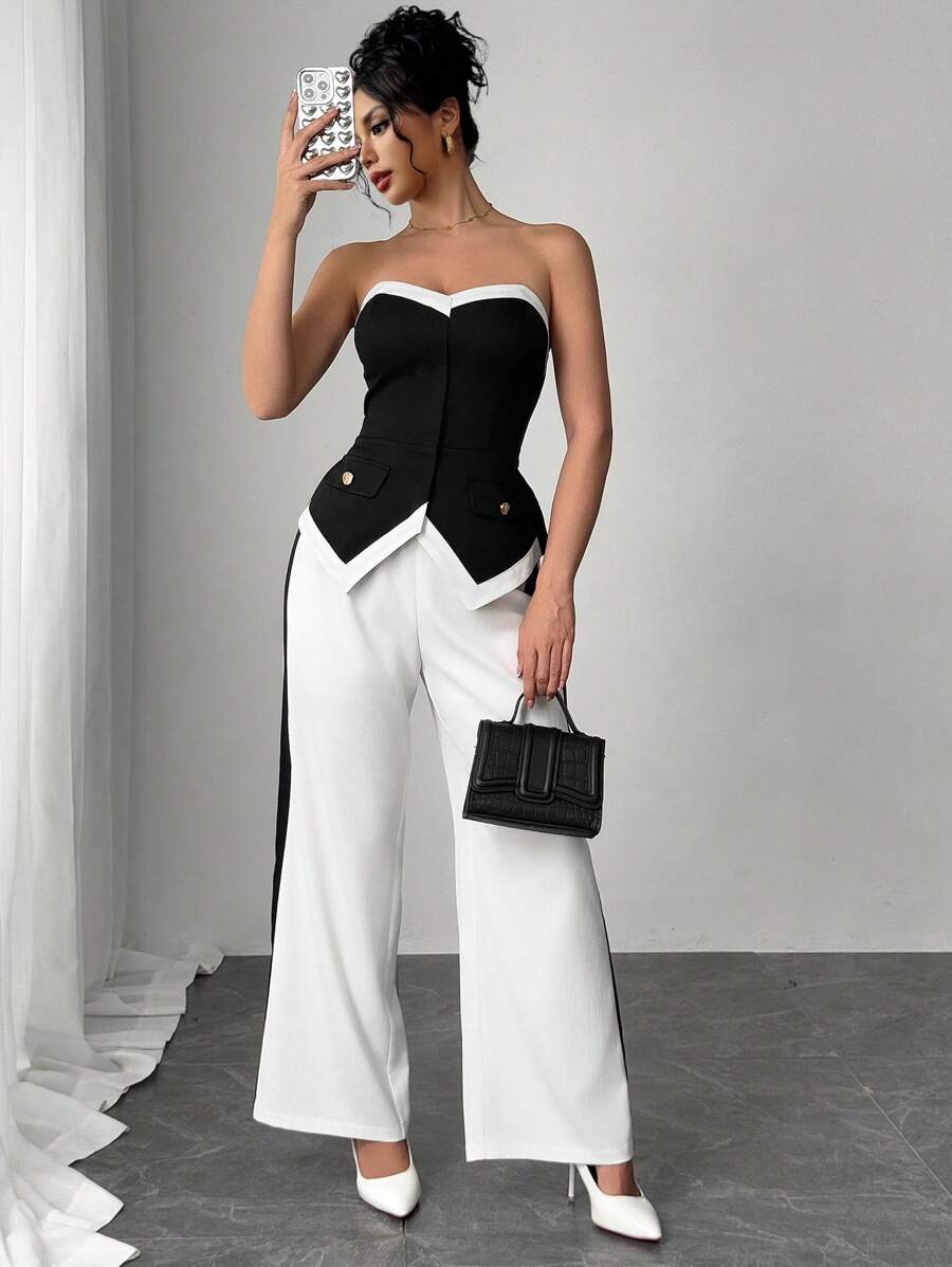 Chiquease 2pcs/Set Colorblock Sleeveless Tank Top And Straight Leg Belted Pants Set - Black and White - View 1