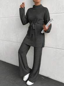 EURMUSE 2pcs/Set Women Simple Stand Collar Long Sleeve Top And Pants Casual Outfit - Light Grey - View 4