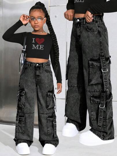 SHEIN Tween Girls Y2K Fashion Light Stonewashed High Waisted Baggy Straight-Leg Cargo Denim Jeans Pants With Utility Pockets Versatile Style, Girls Summer Clothes Streetwear Summer Boho Rave Concert Outfits Festival Outfits