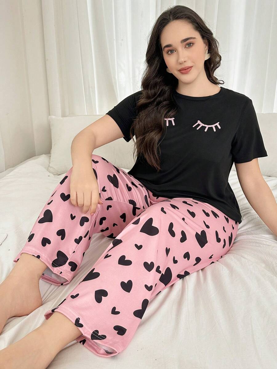 Dream Adore Positioning Printed Eyelash Short Sleeve Top And Heart Print Pants Pajama Set - Black - View 1
