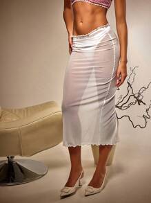 Athîral Women's White Mesh Sheer Ruffle Hem Midi Skirt
