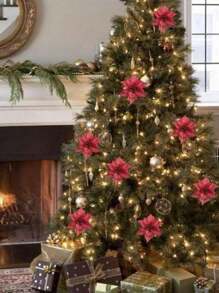 12 件闪光一品红花朵、婚礼仿真花、圣诞树装饰品、新年家居户外装饰、家居装饰 - 彩色 - 查看 2