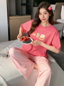 DAZY Set de pijama de 2 piezas para mujer con estampado, de manga corta y corte holgado