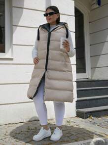 EURMUSE Plus Size Zip Up Drawstring Hooded Puffer Vest Coat, For Winter - Black - View 3