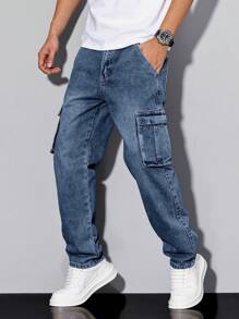 Manfinity Hypemode Men's Casual Cargo Jeans, Minimalist & Fashionable For Everyday Wear