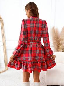 SHEIN LUNE New Years Dress Women Red Yarn-Dyed Check  Midi Dresses - Multicolor - View 2