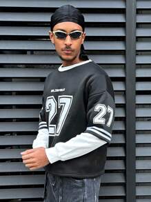 Sudadera con capucha casual de hombre con cuello redondo, de unicolor, parches y estampado de números de manga larga