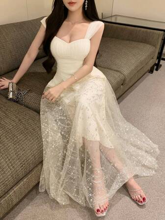 DAZY 女士优雅无袖亮片拼接长裙，夏季舞会礼服，奢华太阳裙