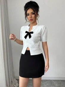 Chiquease 新品春夏复古波点天鹅绒 V 领蝴蝶结针织女上衣 - 白色 - 查看 3