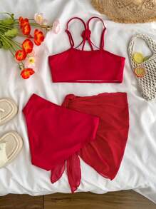 SHEIN 3-Piece Teen Girl 3D Floral Swimming Costume Set: Swimwear Top, Bottom And Skirt, For Casual Resort Vacation
