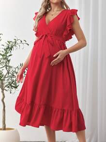SHEIN Maternity Solid Color Crossed V-Neck Cap Sleeve Elegant Dress