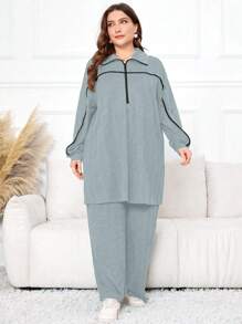 Mulvari 2pcs Plus Size Elegant Set: Front Zipper Long Sleeve Top And Full Length Pants 2 Pieces Set - Grey - View 4