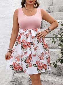 SHEIN VCAY Plus Size Boho Contrast Floral Print Dress, For Summer,Beach Dress Sundress,Holiday Outfits