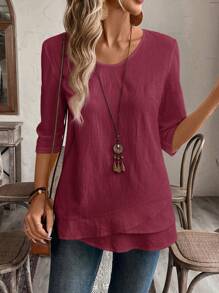 Rusticease Camisa asimétrica de talla grande color rojo rosa para ropa de otoño - Rosa Roja - Ver 7