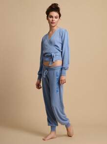 TryMe Setelan Wanita 2 Potong Warna Polos dengan Ikat Depan, Sweater Lengan Panjang dan Celana Rajut Motif Huruf, Pakaian Kasual Musim Gugur/Dingin - Biru - View 3