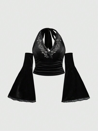 Plus Size Hippie Vintage Lace Embroidery V-Neck Tie Front Flare Sleeve T-Shirt