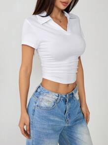 SHEIN PETITE 休闲百搭纯色褶皱修身短款 T 恤 - 白色 - 查看 4