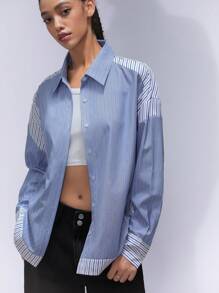 Aveloria Affinna Women's Front Button Long Sleeve Striped Patchwork Casual Blouse, Everyday Wear Fall Cloth For Women - Multicolor - View 1