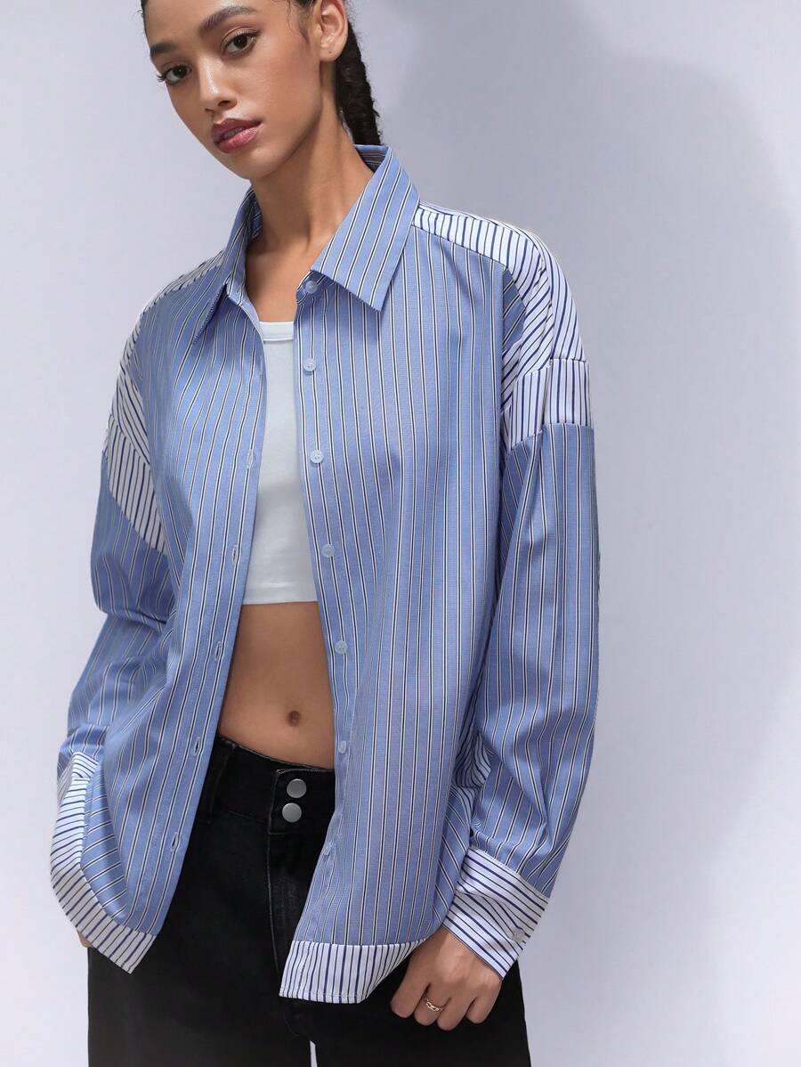 Aveloria Affinna Women's Front Button Long Sleeve Striped Patchwork Casual Blouse, Everyday Wear Fall Cloth For Women - Multicolor - View 1