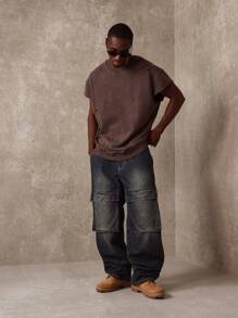 SUMWON 滑板款工装牛仔裤，拼接设计，阔腿，都市街头装，工作服，宽松版型，四季皆宜，做旧休闲裤 - 藍色 - 查看 1